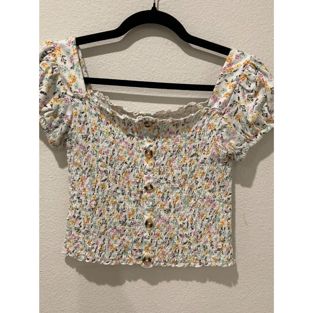 Mudd Floral Smocked Button Front Cropped Top M